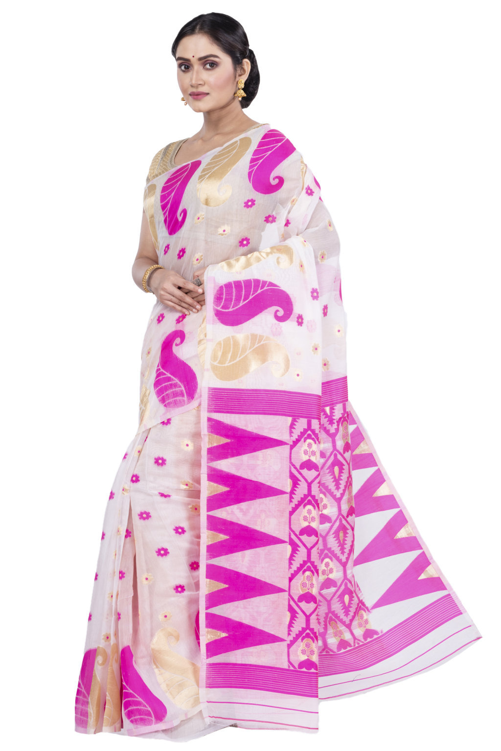 Pink Pure Cotton Amachal_Jmdni Jamdani Saree (677)